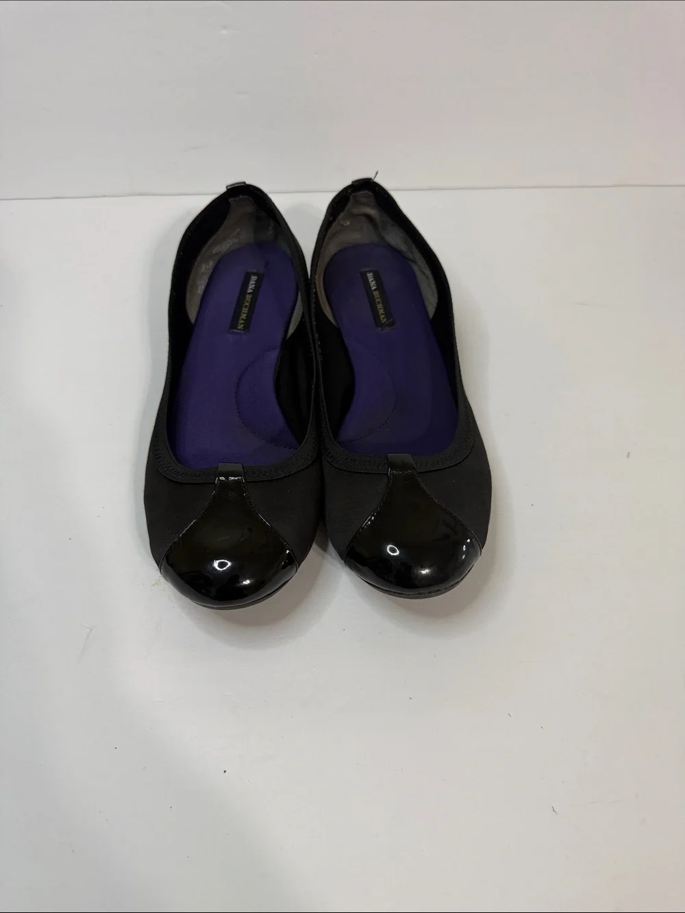 Dana Buchman Black Flats with Patent Toe and Purple Insole